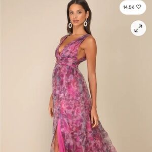 Lulu’s Garden Romance Magenta Floral Print Organza Maxi Dress